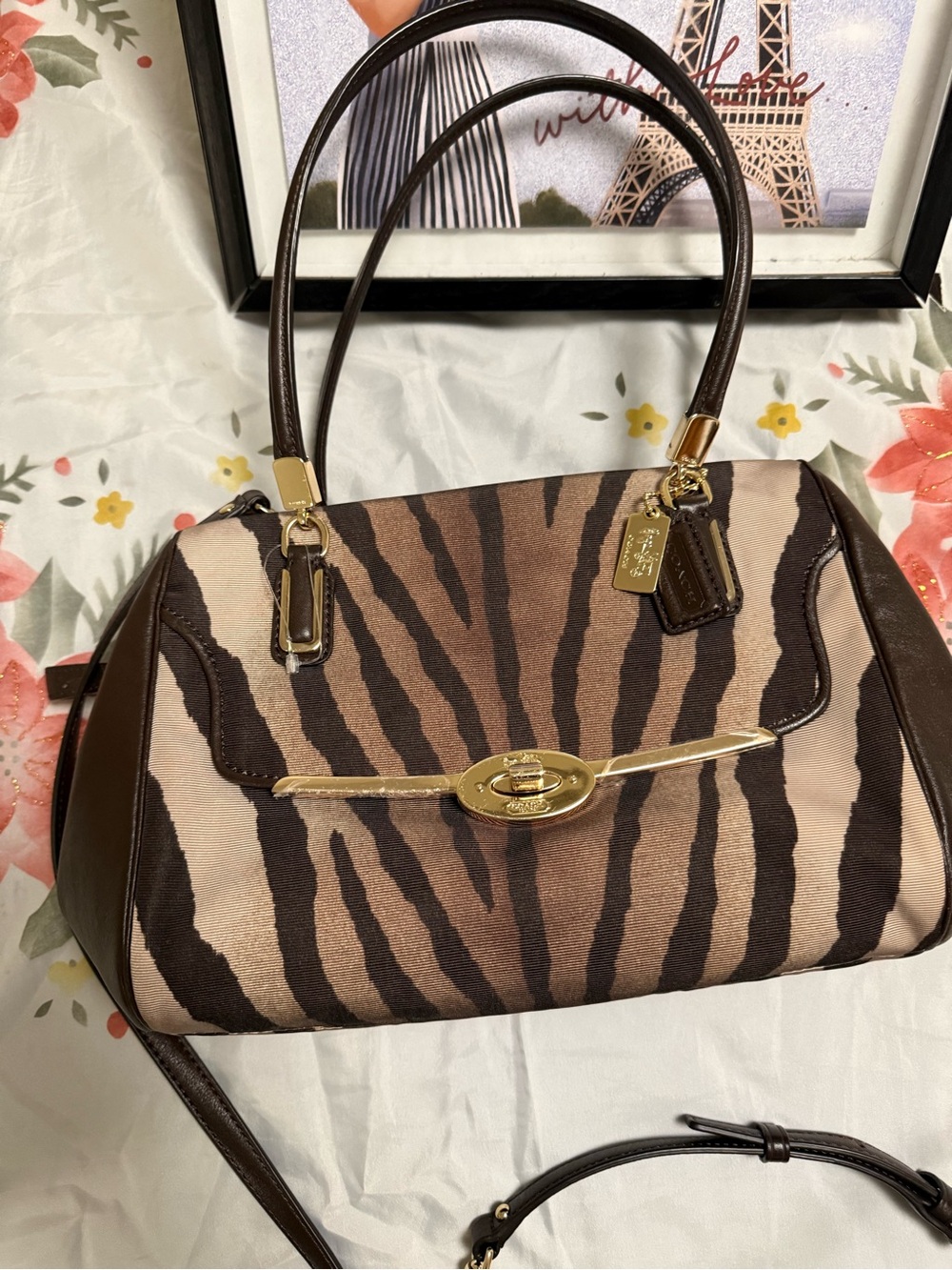 Coach Brown Zebra-Print Canvas Satchel with Gold Hardware